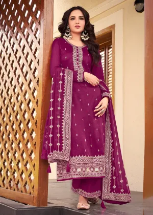 Dola Silk Exquisite Magenta Embroidered Festive Salwar Suit