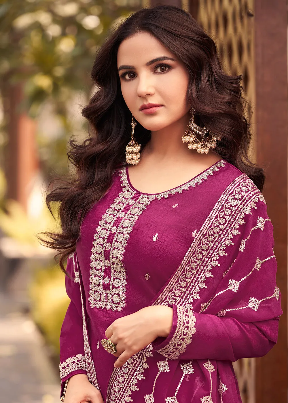 Dola Silk Exquisite Magenta Embroidered Festive Salwar Suit