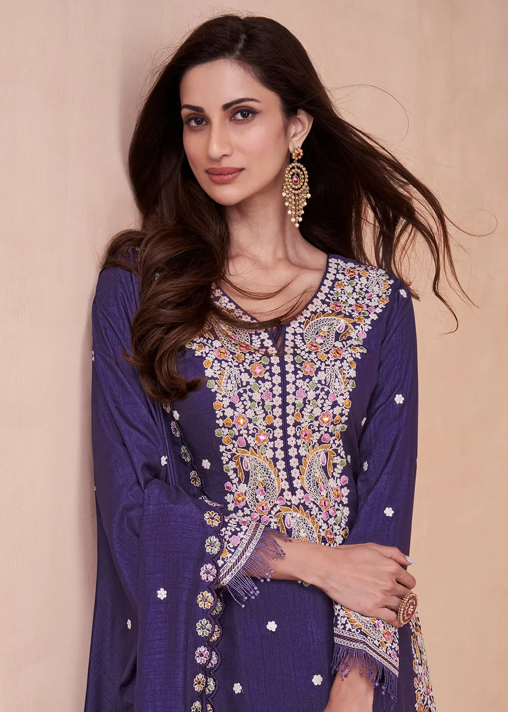 Dola Silk Pleasing Purple Embroidered Designer Palazzo Suit