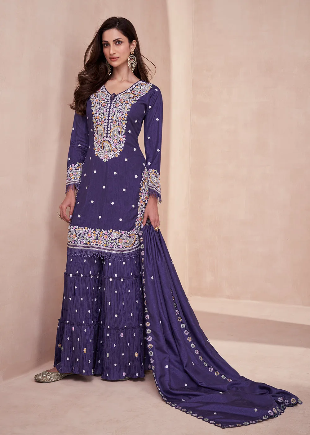 Dola Silk Pleasing Purple Embroidered Designer Palazzo Suit