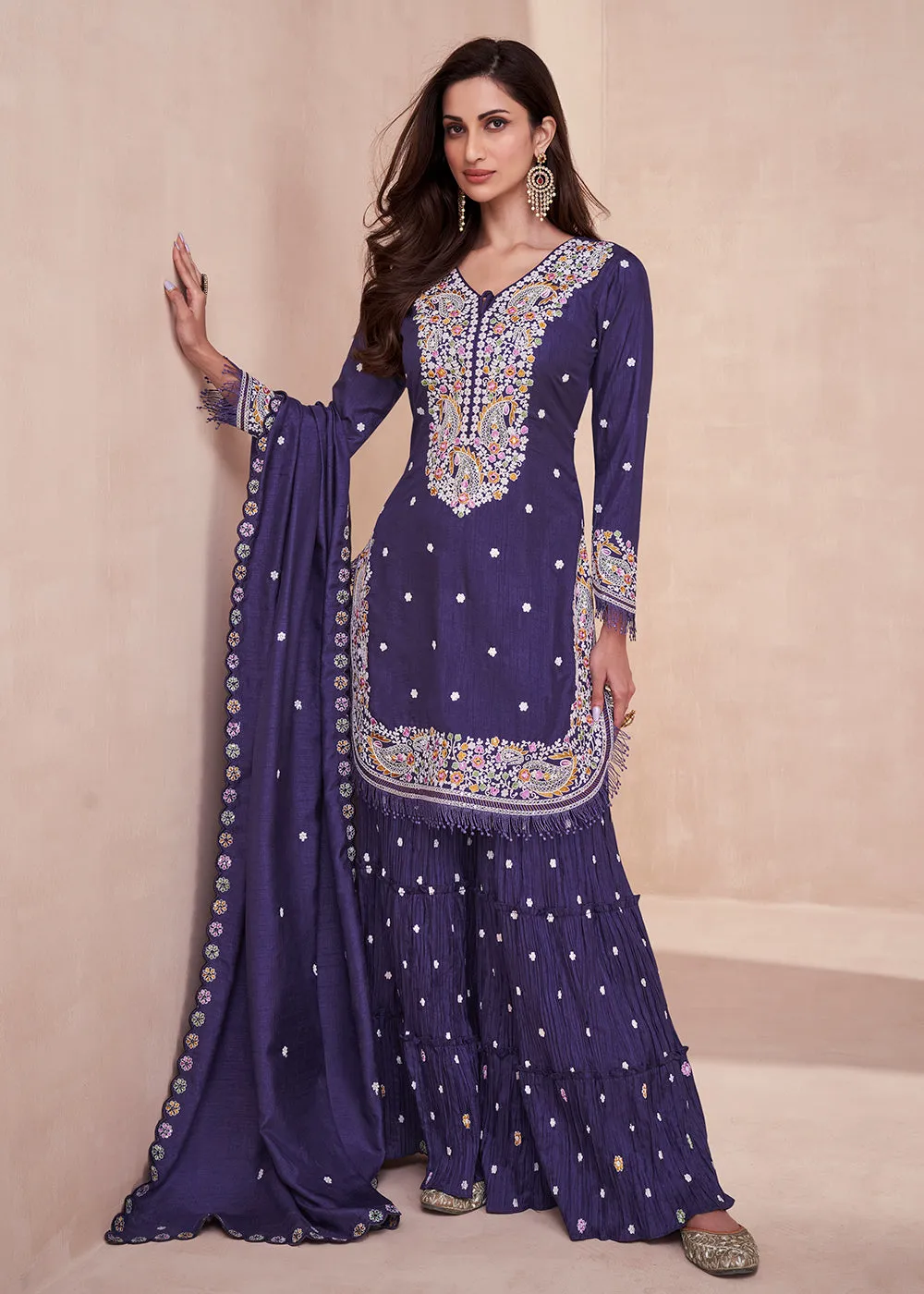 Dola Silk Pleasing Purple Embroidered Designer Palazzo Suit