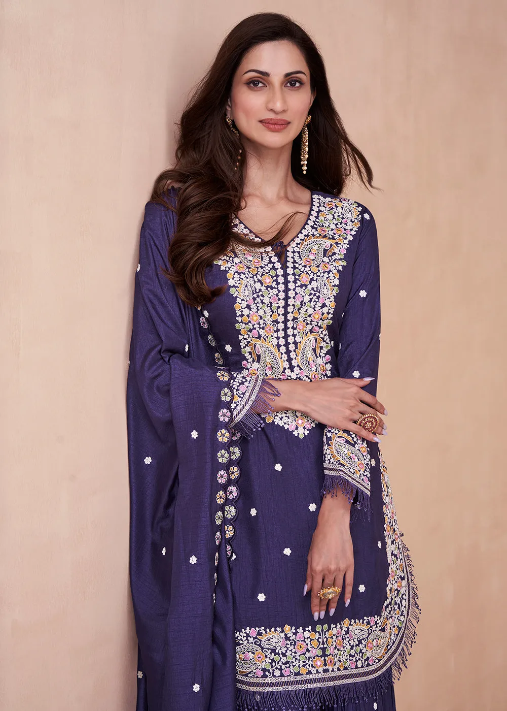 Dola Silk Pleasing Purple Embroidered Designer Palazzo Suit