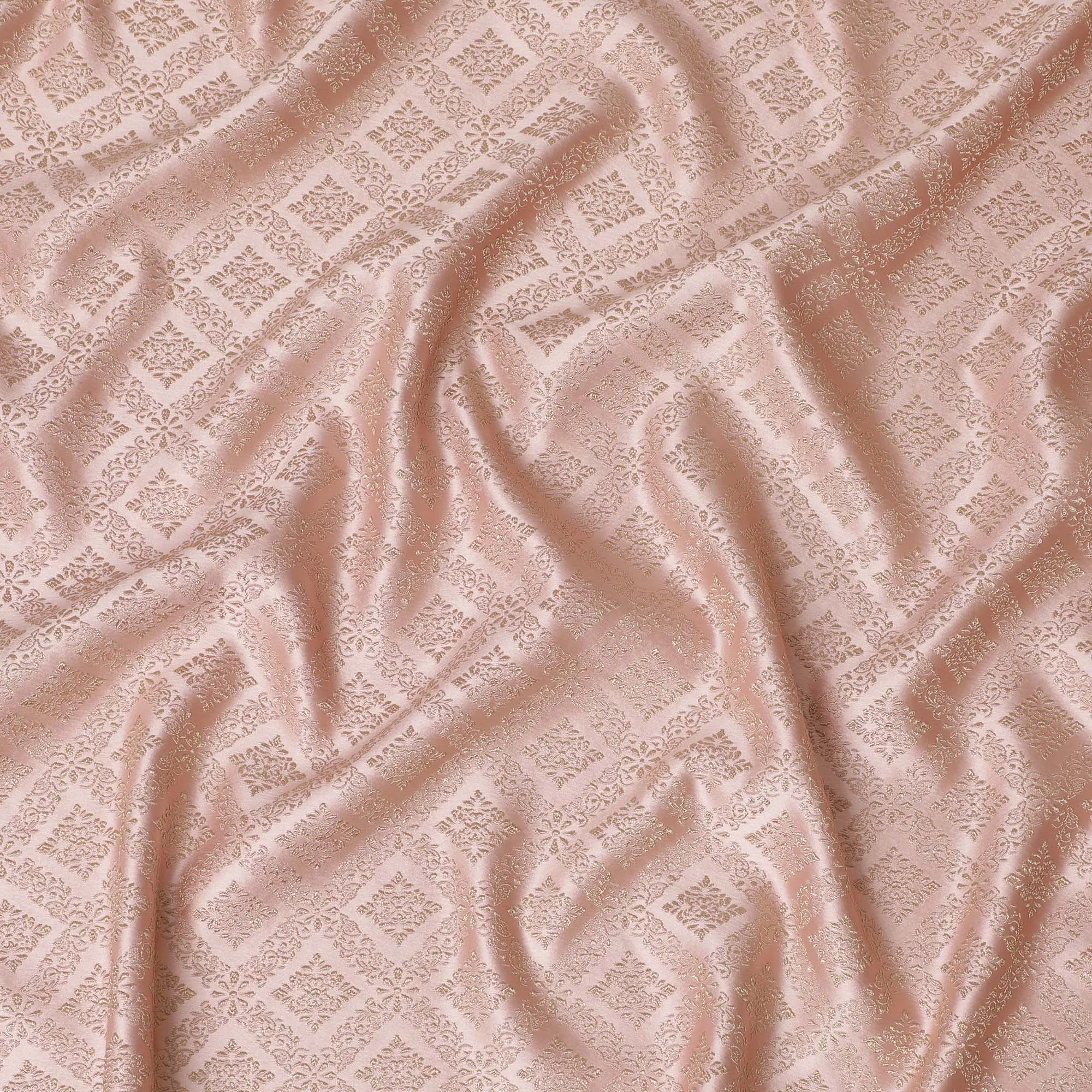 Elegant Blush Pink and Gold Synthetic Brocade Fabric with Geometric Floral Design â€“ 140 cm Width-D19381