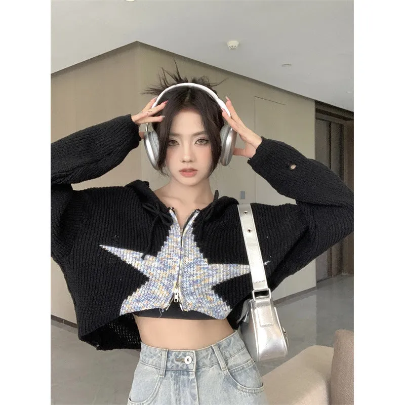 Fashionkova y2k Autumn and Winter New Design Zipper Hoodie Star Loose Knitted Cardigan Coat 2024