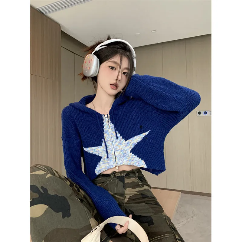 Fashionkova y2k Autumn and Winter New Design Zipper Hoodie Star Loose Knitted Cardigan Coat 2024