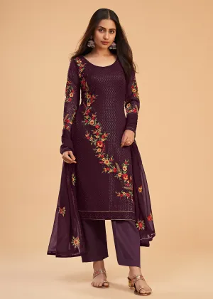 Floral Embroidered Wine Indian Wedding Wear Salwar Suit