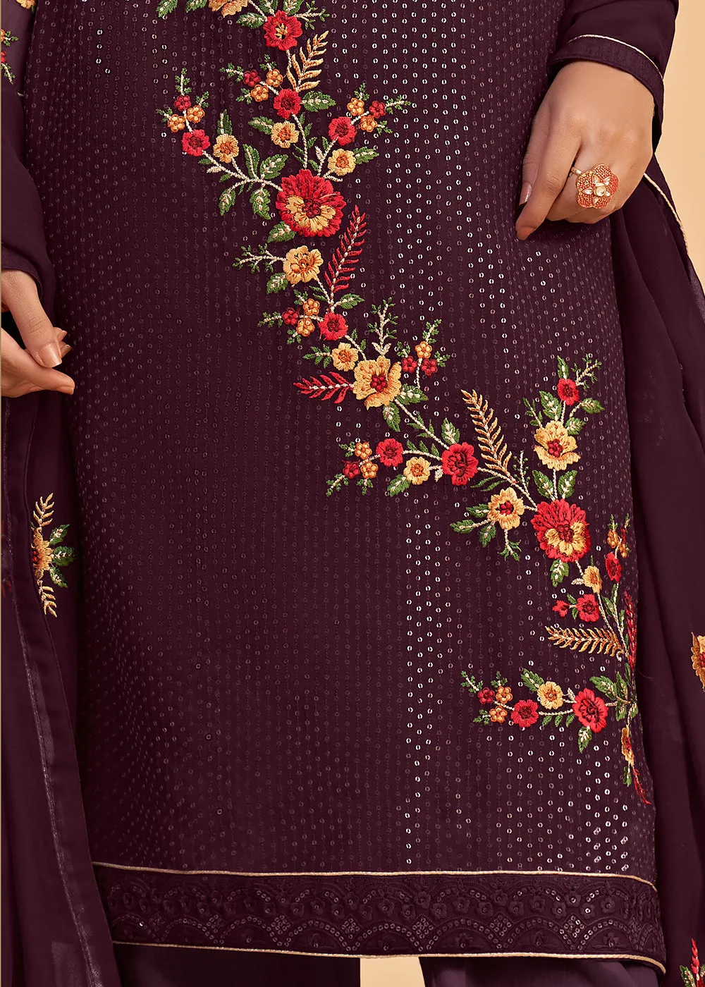 Floral Embroidered Wine Indian Wedding Wear Salwar Suit