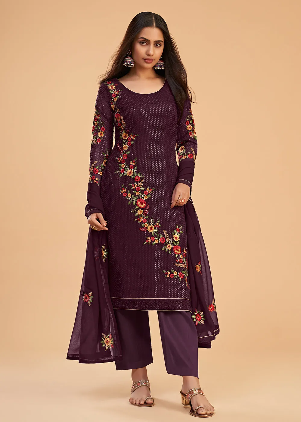 Floral Embroidered Wine Indian Wedding Wear Salwar Suit