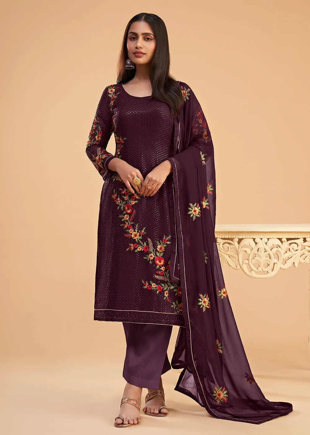 Floral Embroidered Wine Indian Wedding Wear Salwar Suit