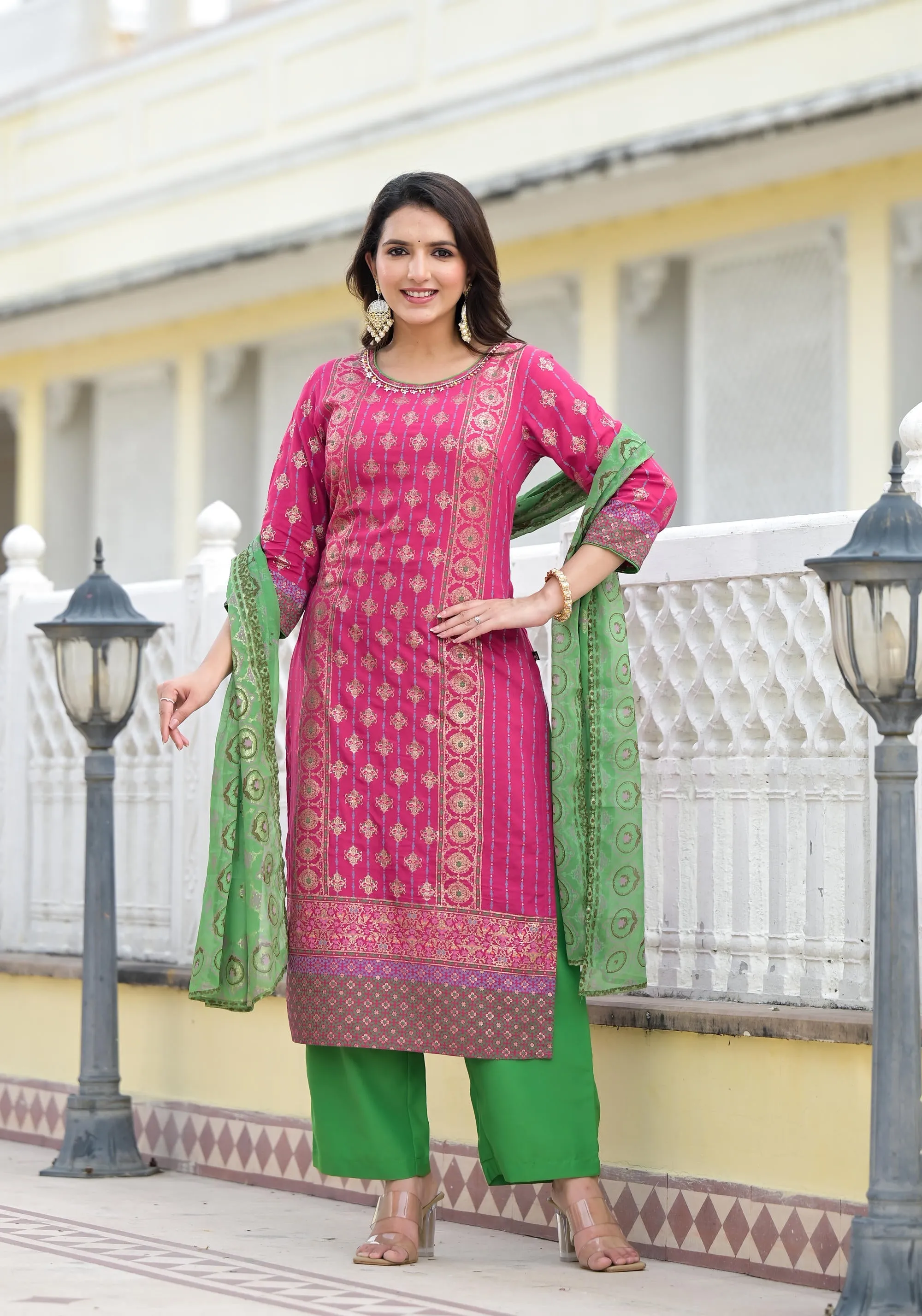 Fuchsia Ethnic Motif Printed Muslin Kurta Pant With Dupatta Set With Beads & Sequins