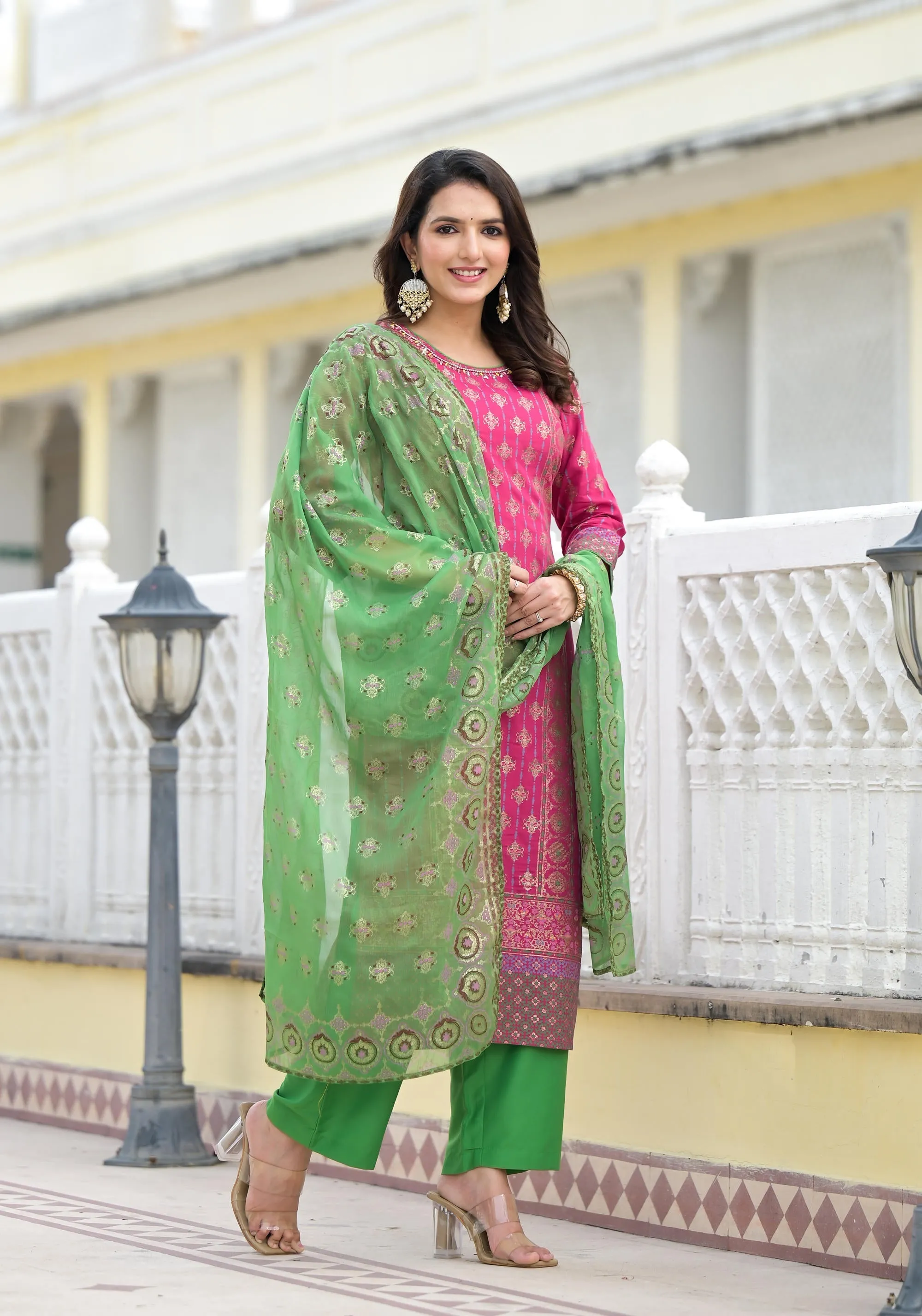 Fuchsia Ethnic Motif Printed Muslin Kurta Pant With Dupatta Set With Beads & Sequins