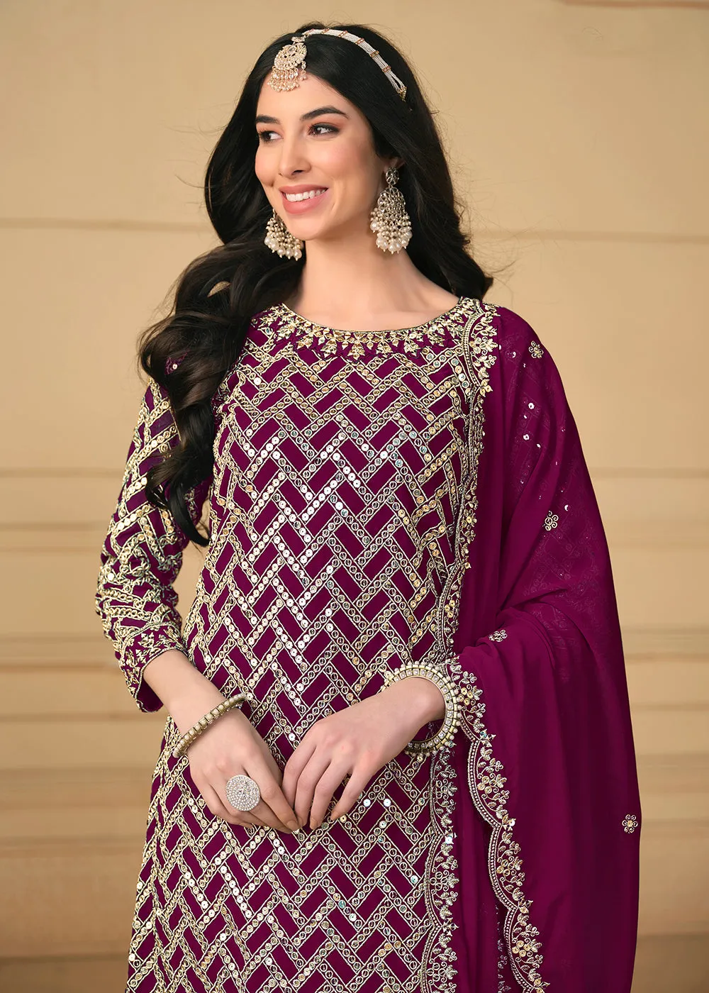 Georgette Purple Embroidered Gharara Style Suit