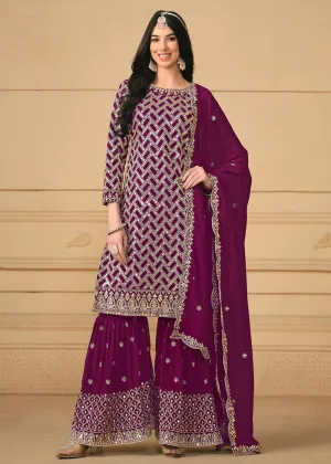 Georgette Purple Embroidered Gharara Style Suit