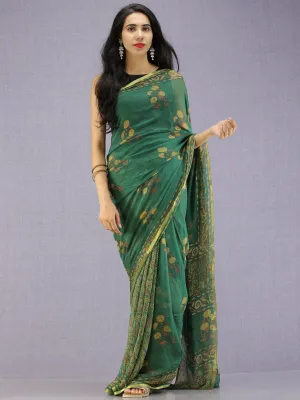 Green Yellow Coral Hand Block Printed Chiffon Saree with Zari Border - S031704598