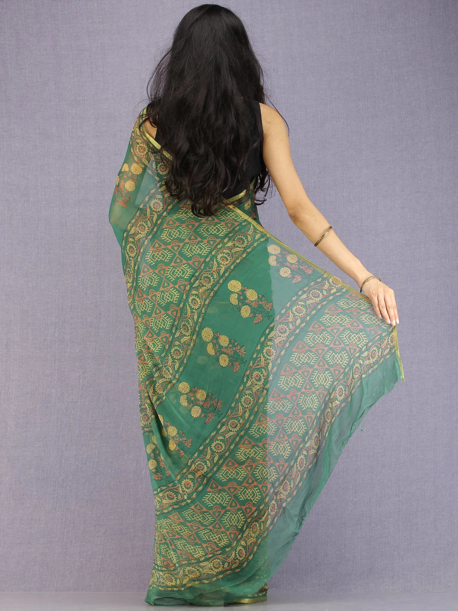 Green Yellow Coral Hand Block Printed Chiffon Saree with Zari Border - S031704598