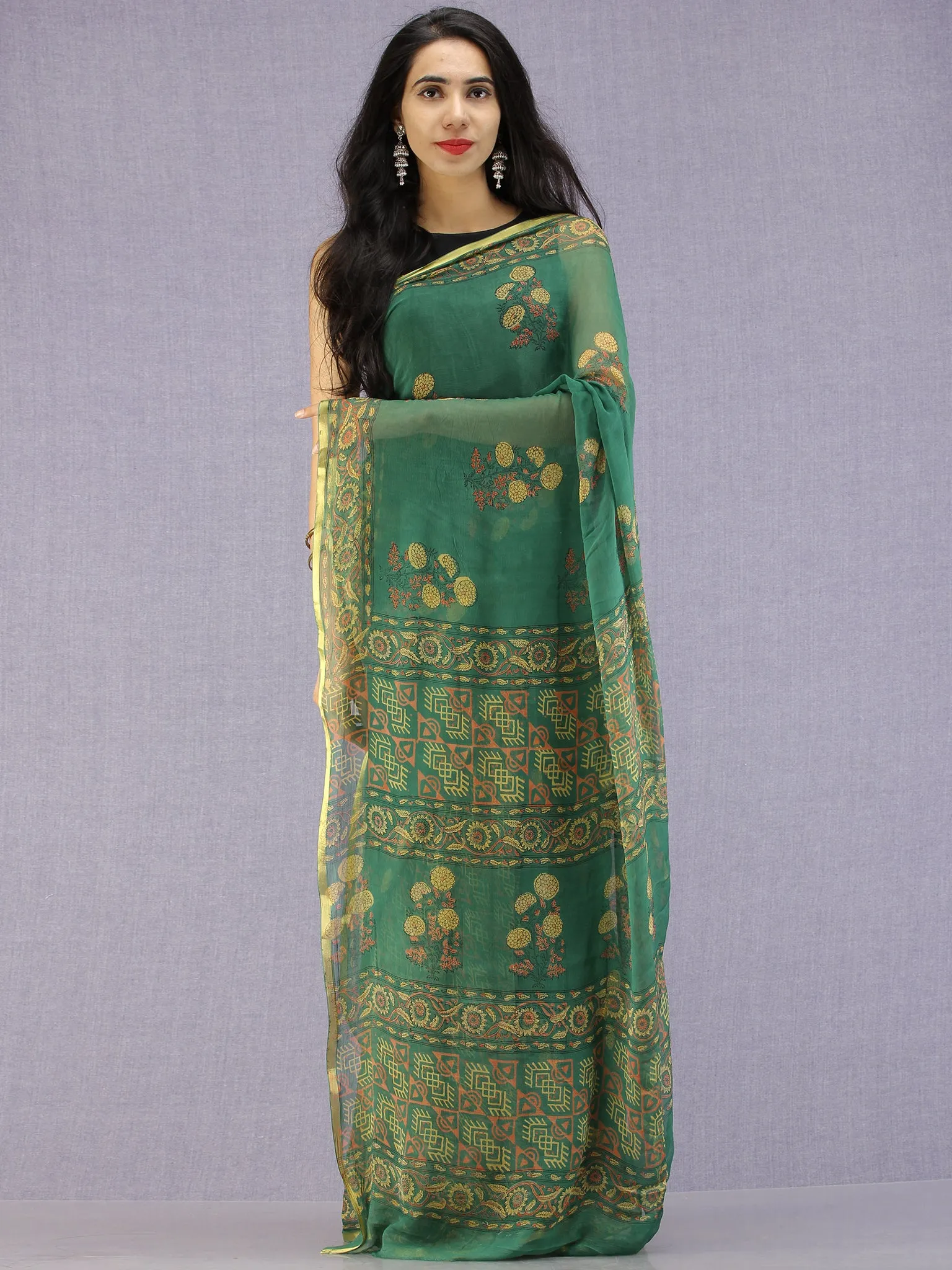 Green Yellow Coral Hand Block Printed Chiffon Saree with Zari Border - S031704598