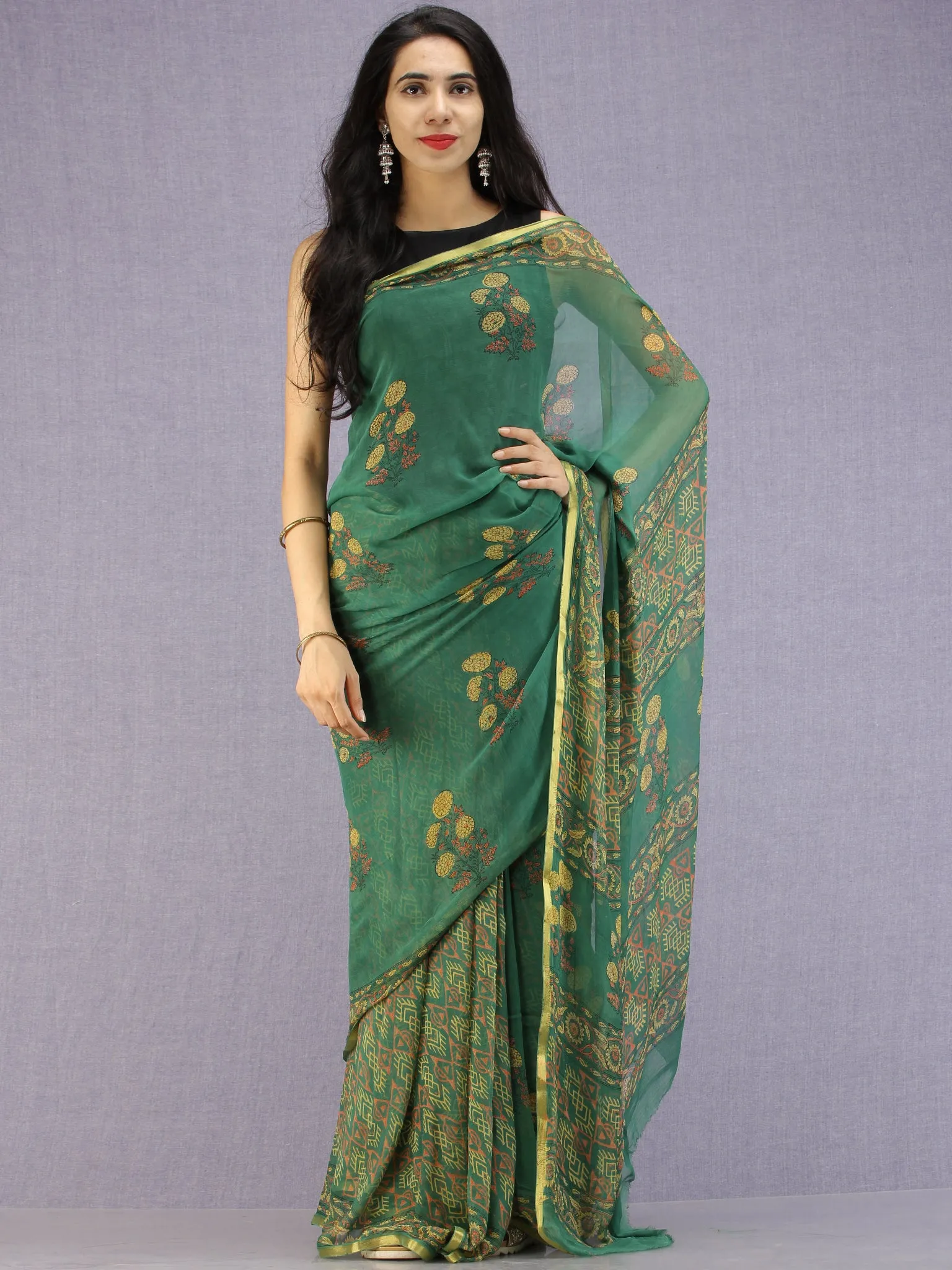 Green Yellow Coral Hand Block Printed Chiffon Saree with Zari Border - S031704598