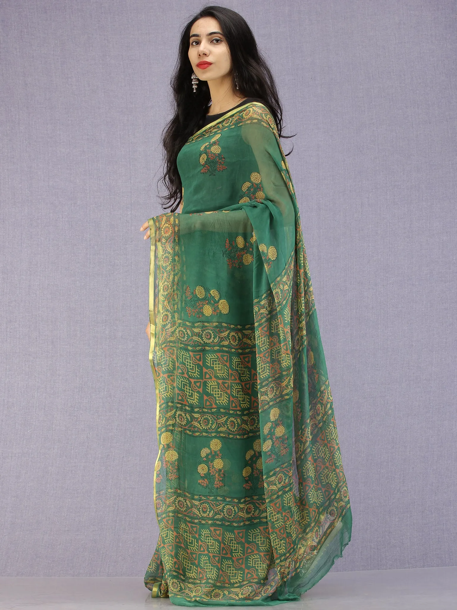 Green Yellow Coral Hand Block Printed Chiffon Saree with Zari Border - S031704598