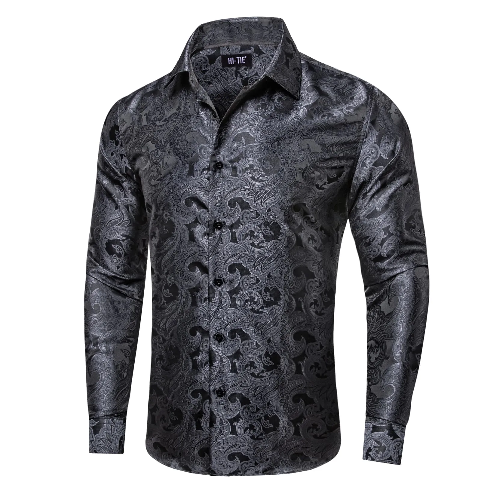 Hi-Tie Classic Black Floral Pattern Silk Mens Long Sleeve Shirt