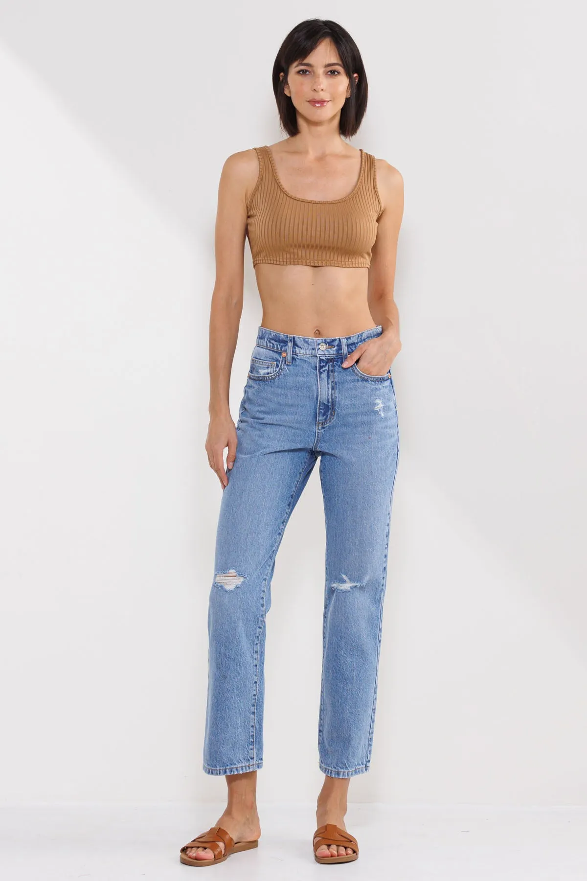 HIGH RISE SLIM STRAIGHT JEANS IN MEDIUM LIGHT  / SP-P12389