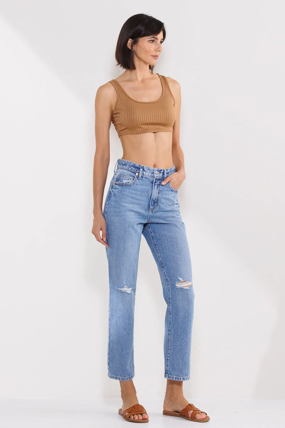 HIGH RISE SLIM STRAIGHT JEANS IN MEDIUM LIGHT  / SP-P12389