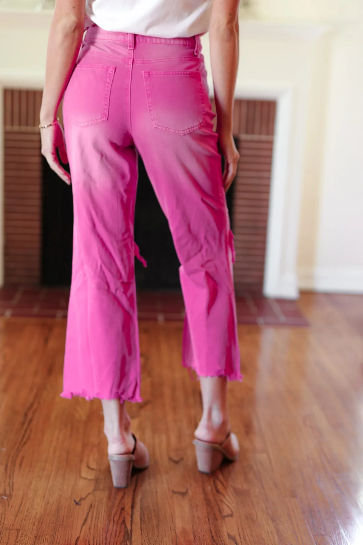 Hot Pink Acid Washed High Waist Distressed Straight Pants