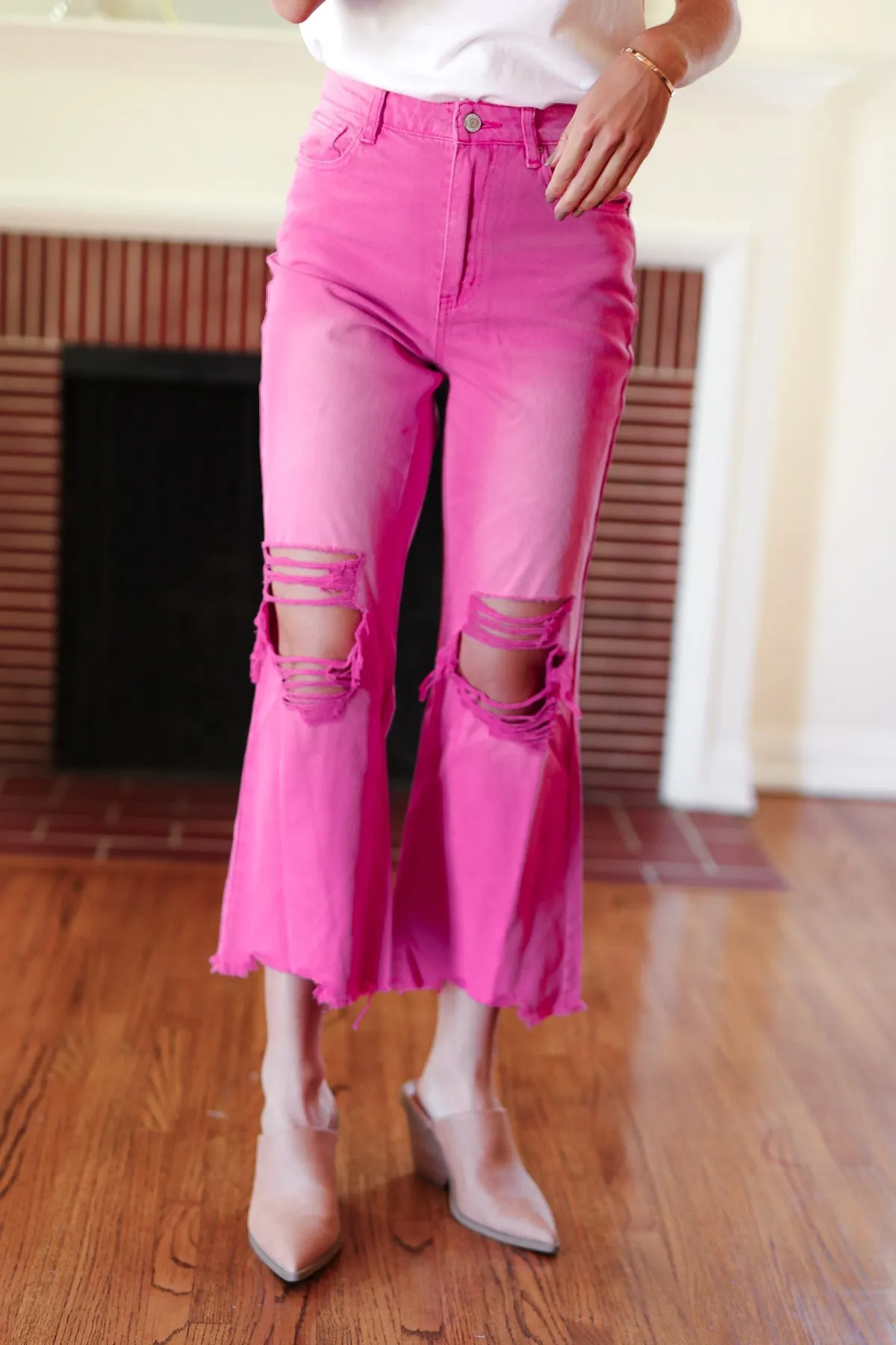 Hot Pink Acid Washed High Waist Distressed Straight Pants