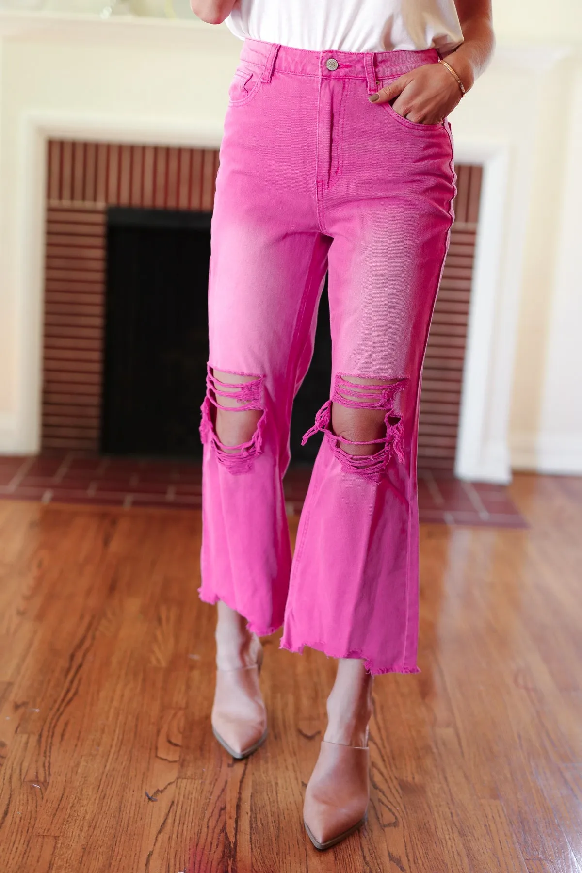 Hot Pink Acid Washed High Waist Distressed Straight Pants