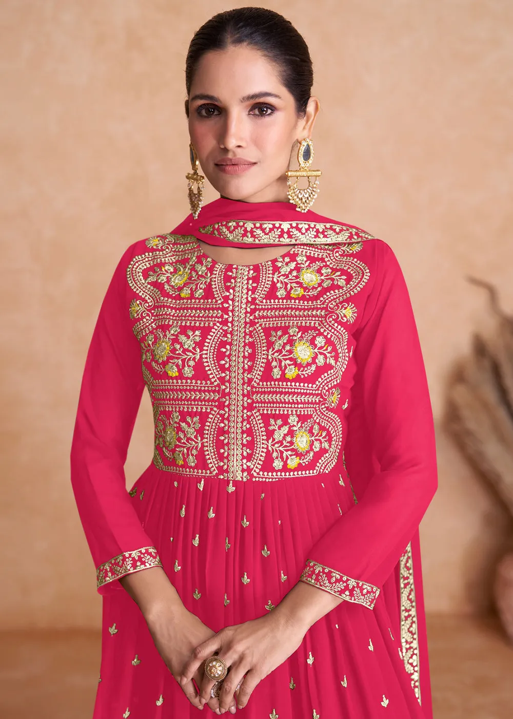 Hot Pink Wedding Embroidered Multicolor Palazzo Suit