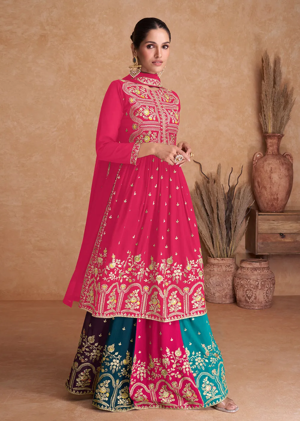 Hot Pink Wedding Embroidered Multicolor Palazzo Suit