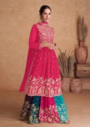 Hot Pink Wedding Embroidered Multicolor Palazzo Suit