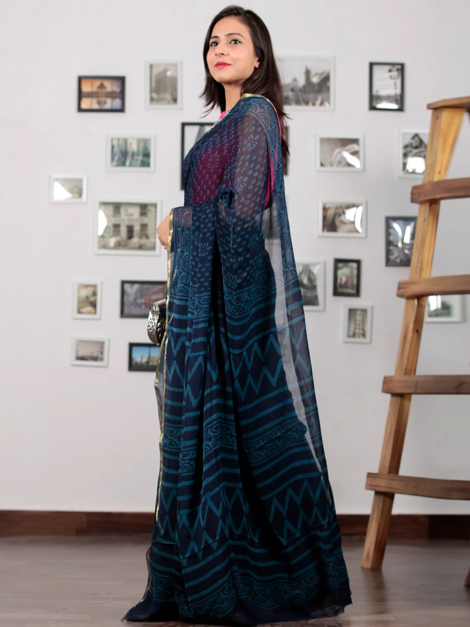 Indigo Blue Hand Block Printed Chiffon Saree with Zari Border - S031702765