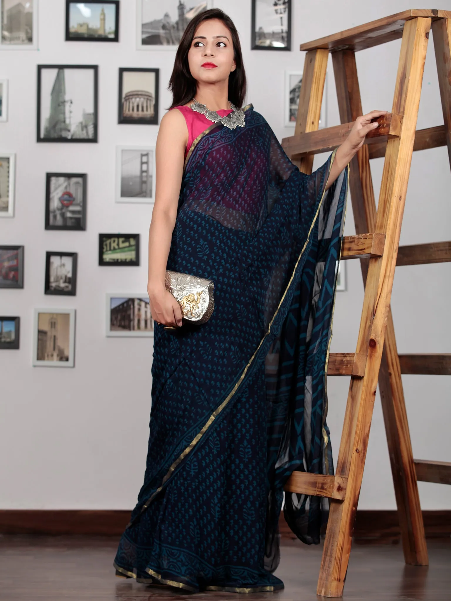 Indigo Blue Hand Block Printed Chiffon Saree with Zari Border - S031702765