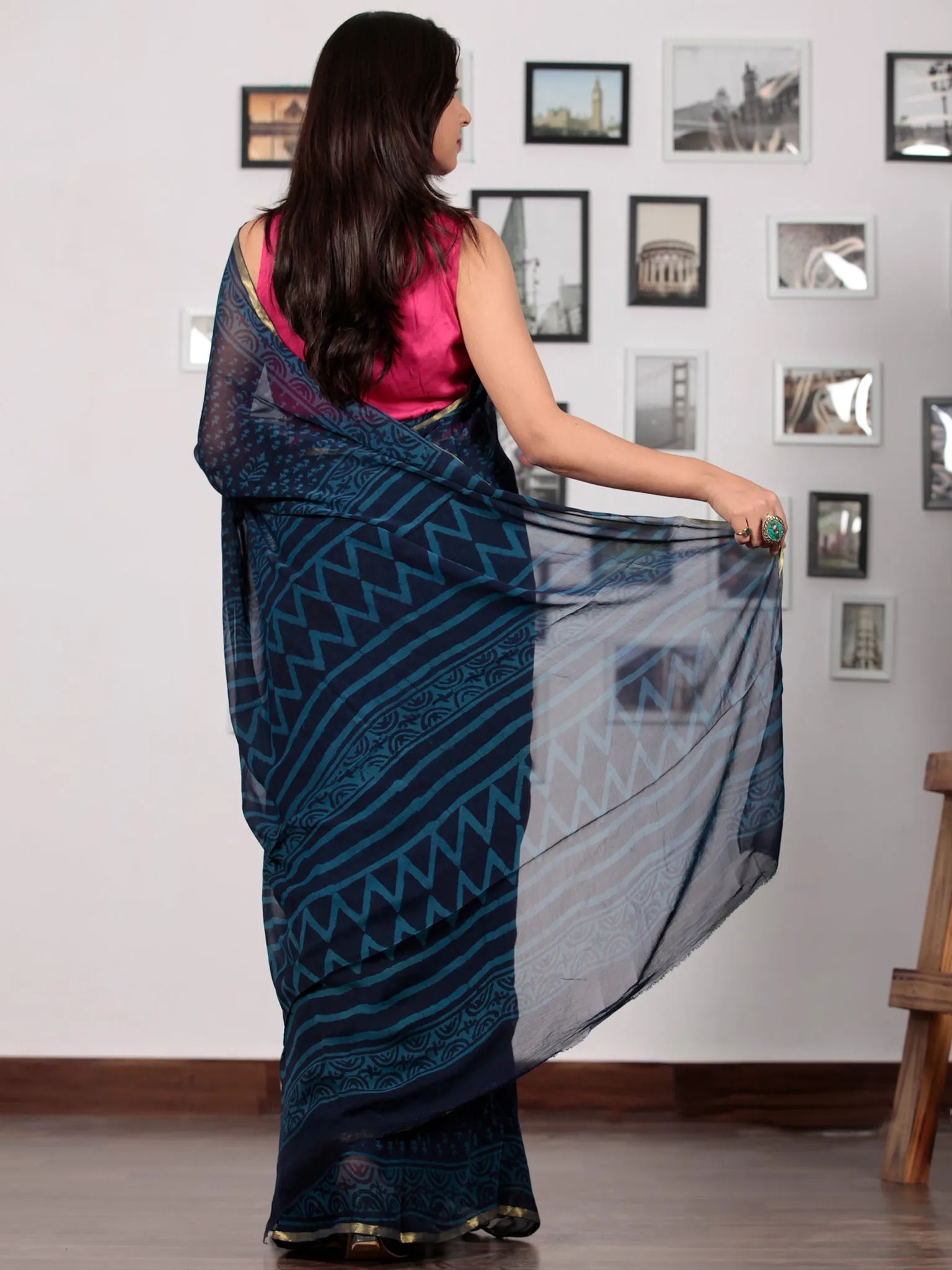 Indigo Blue Hand Block Printed Chiffon Saree with Zari Border - S031702765