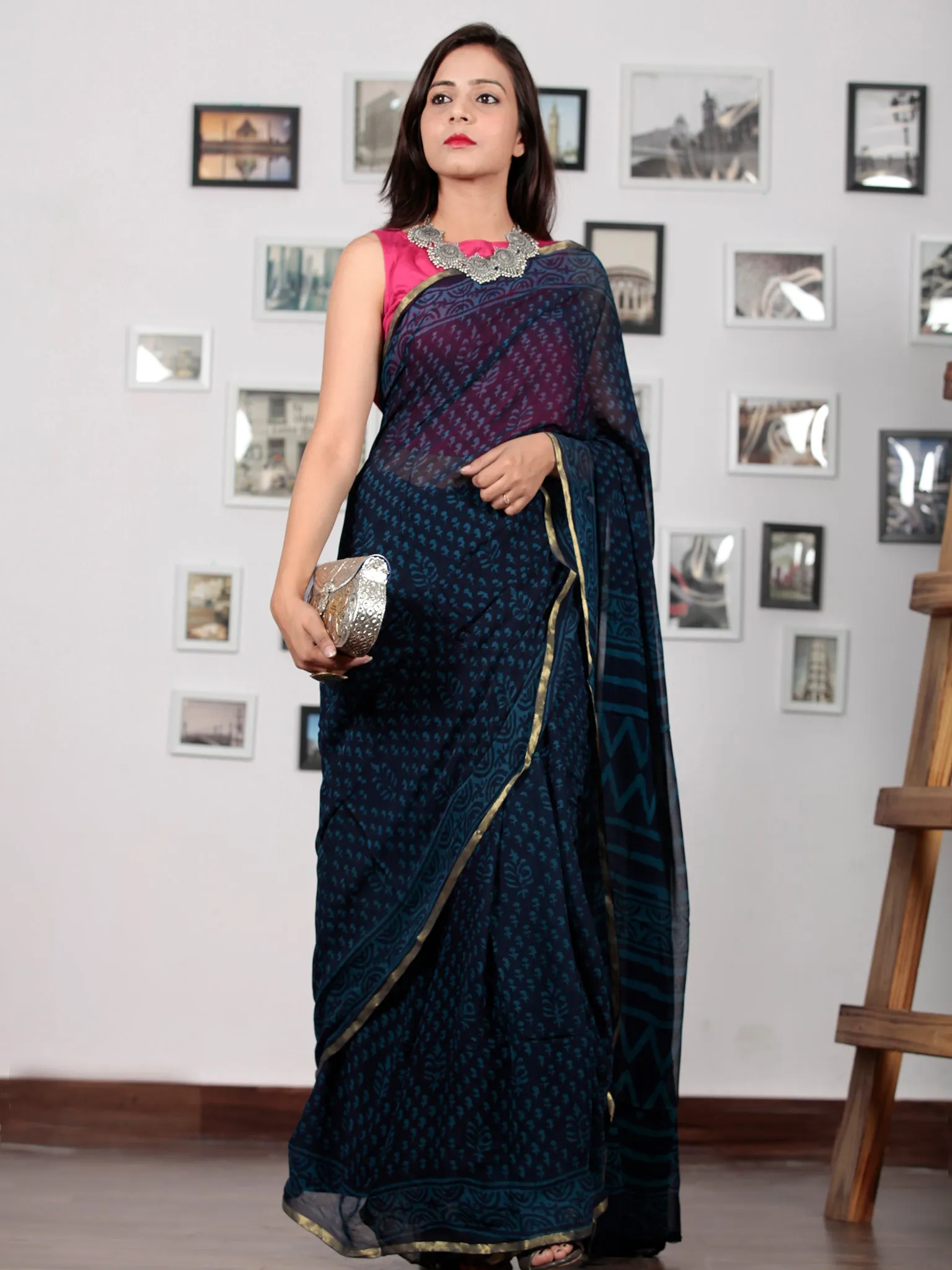 Indigo Blue Hand Block Printed Chiffon Saree with Zari Border - S031702765