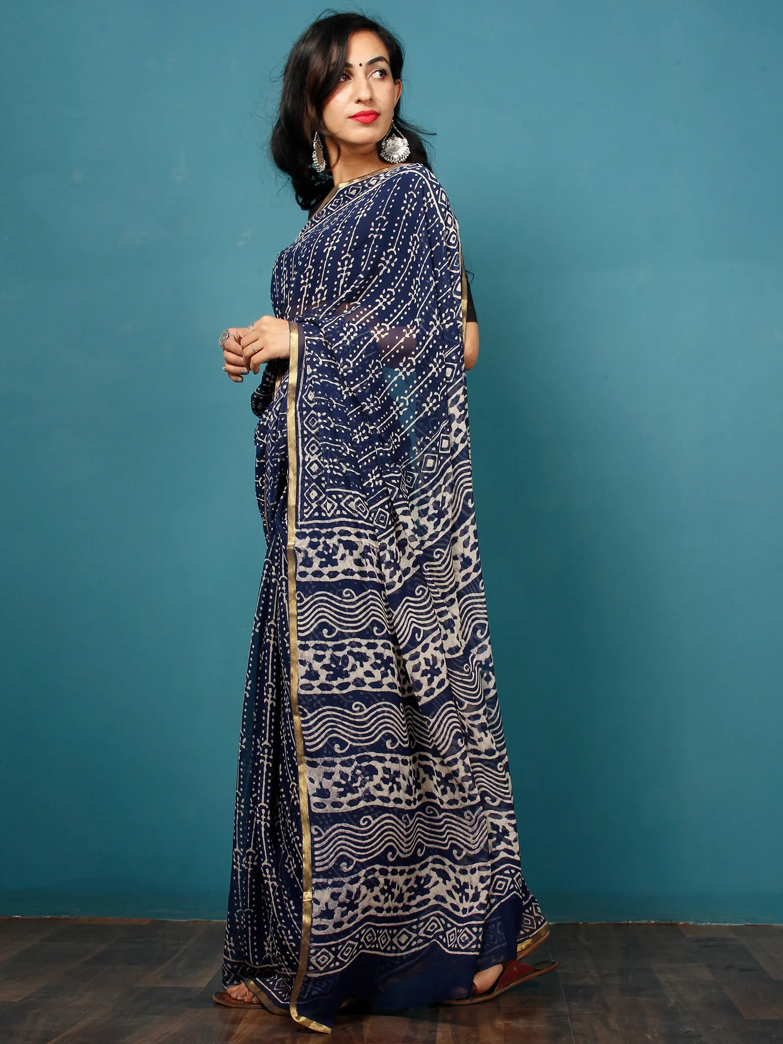 Indigo Ivory Hand Block Printed Chiffon Saree with Zari Border - S031702792