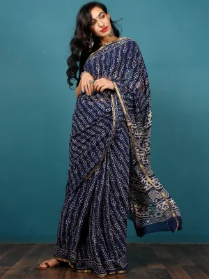 Indigo Ivory Hand Block Printed Chiffon Saree with Zari Border - S031702792