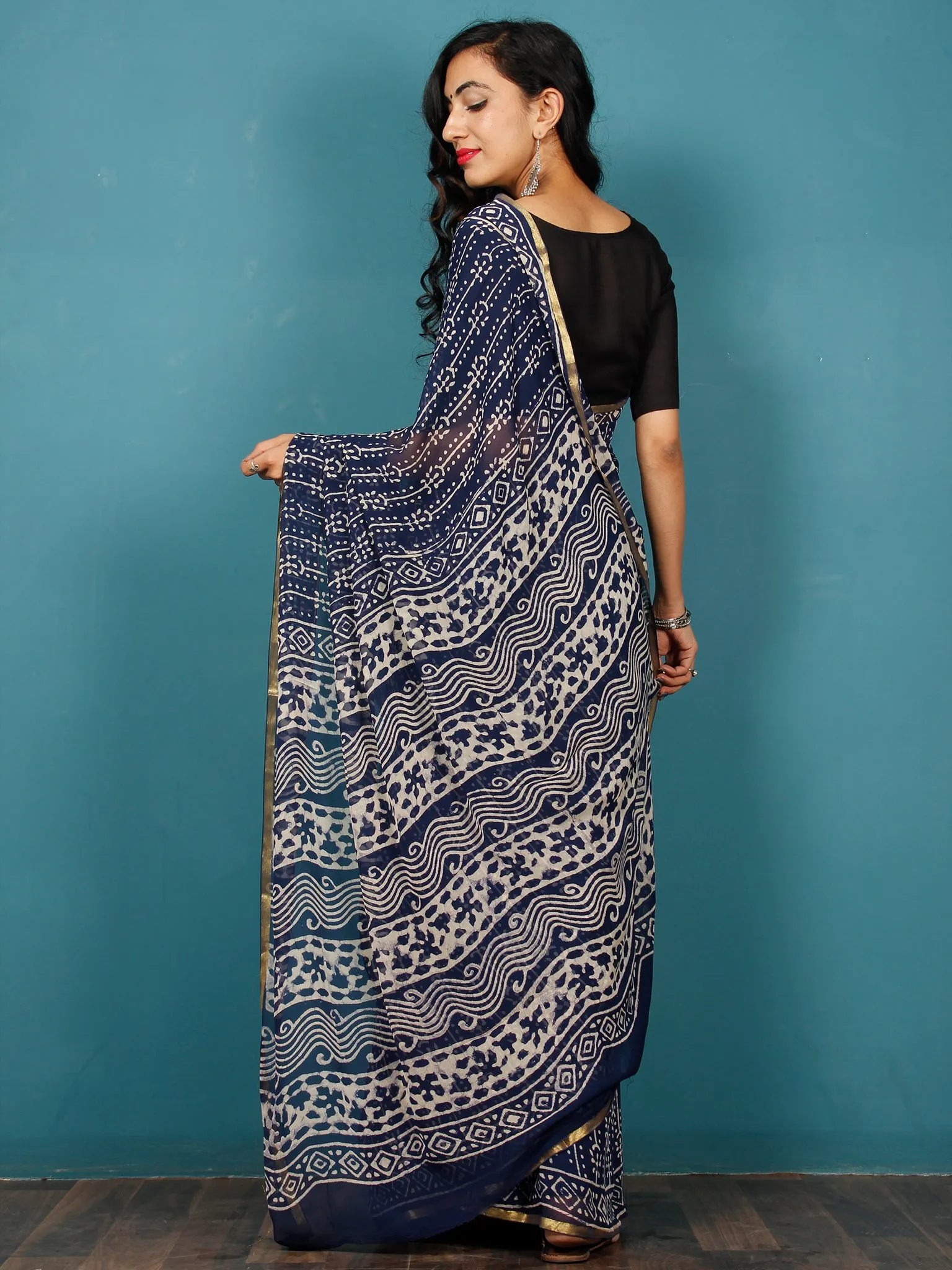 Indigo Ivory Hand Block Printed Chiffon Saree with Zari Border - S031702792