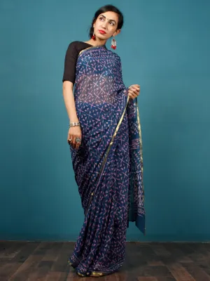 Indigo Lavender Hand Block Printed Chiffon Saree with Zari Border - S031702798