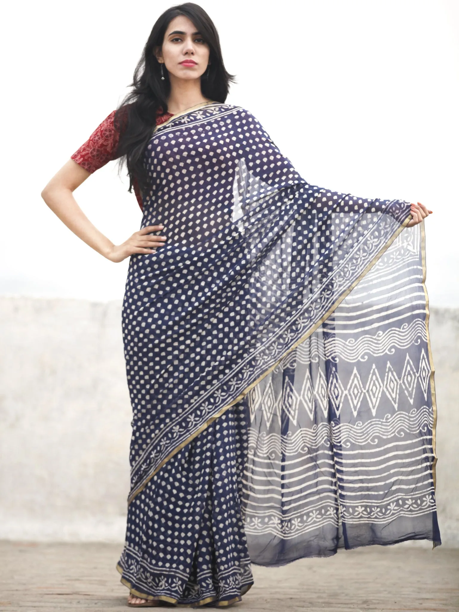 Indigo White Hand Block Printed Chiffon Saree With Zari Border - S031702605