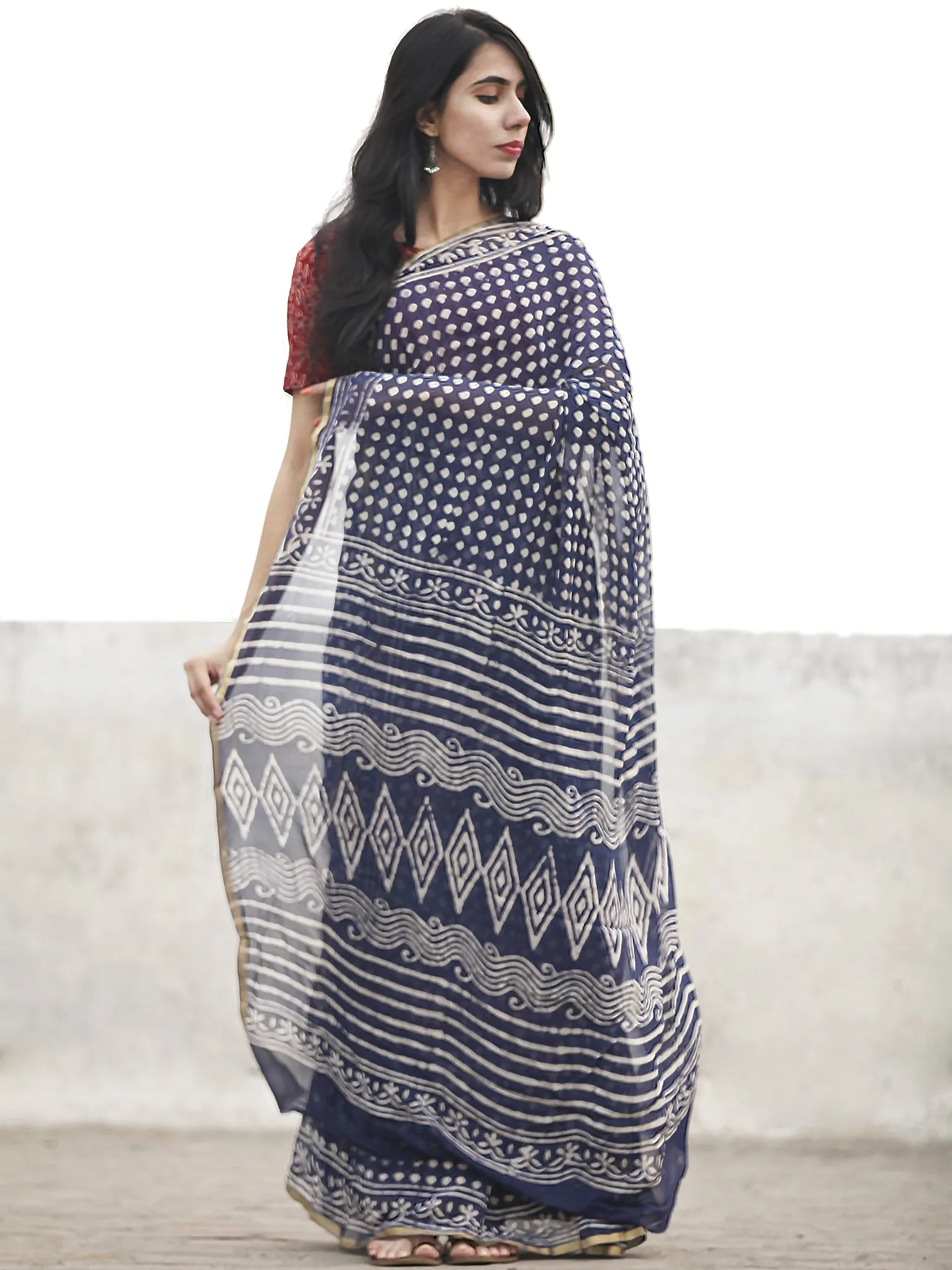 Indigo White Hand Block Printed Chiffon Saree With Zari Border - S031702605