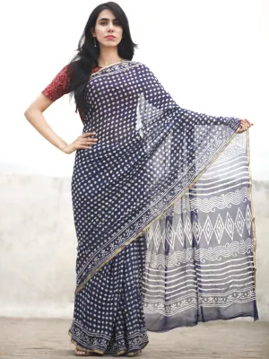 Indigo White Hand Block Printed Chiffon Saree With Zari Border - S031702605