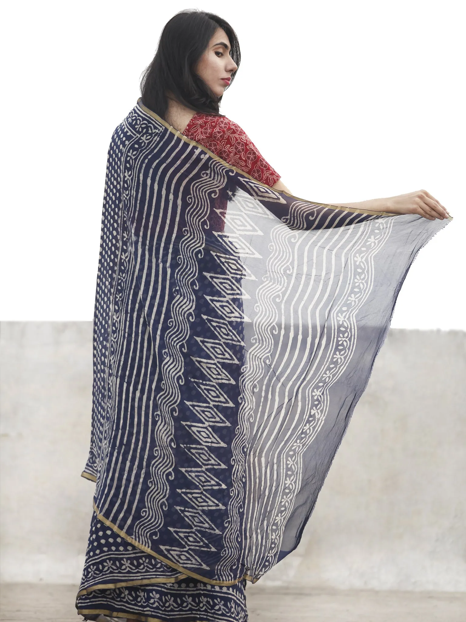 Indigo White Hand Block Printed Chiffon Saree With Zari Border - S031702605