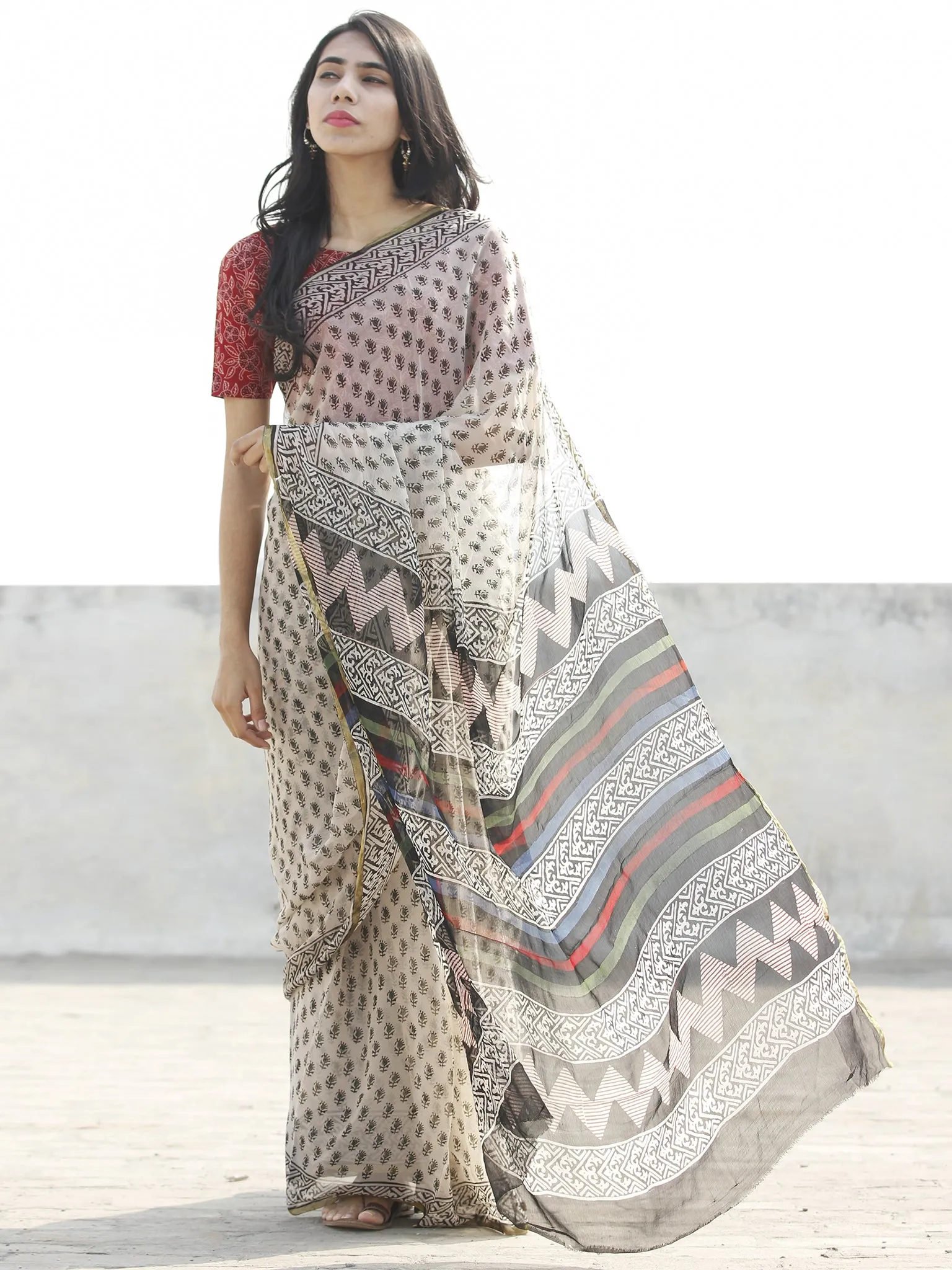 Ivory Black Hand Block Printed Chiffon Saree with zari border- S031702660