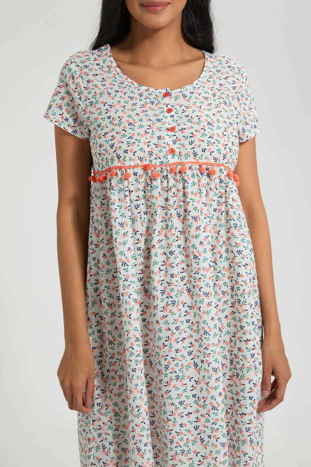 Ivory Floral Nightgown With Pom Pom