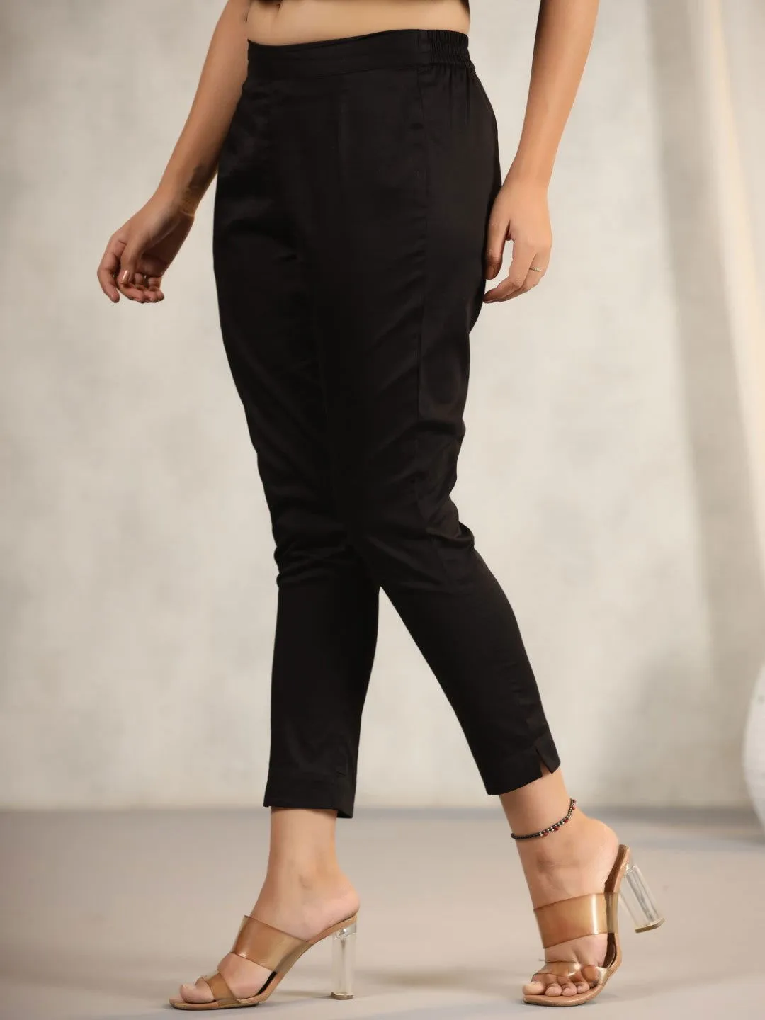 Jashvi Black Cotton Lycra Pants For Women With Partially Elasticated Waistband