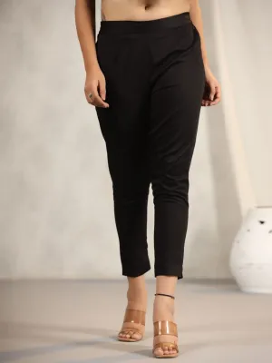 Jashvi Black Cotton Lycra Pants For Women With Partially Elasticated Waistband