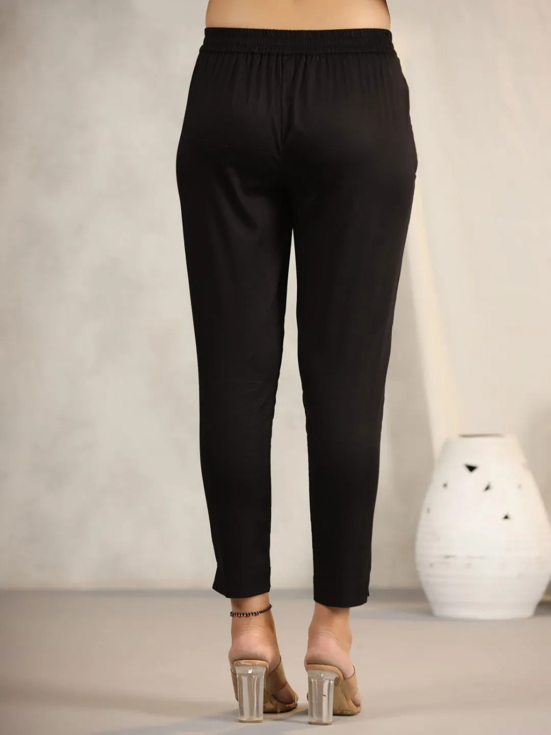 Jashvi Black Cotton Lycra Pants For Women With Partially Elasticated Waistband