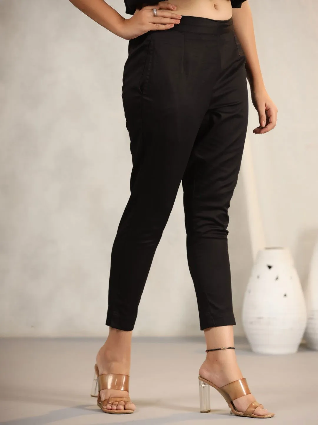 Jashvi Black Cotton Lycra Pants For Women With Partially Elasticated Waistband