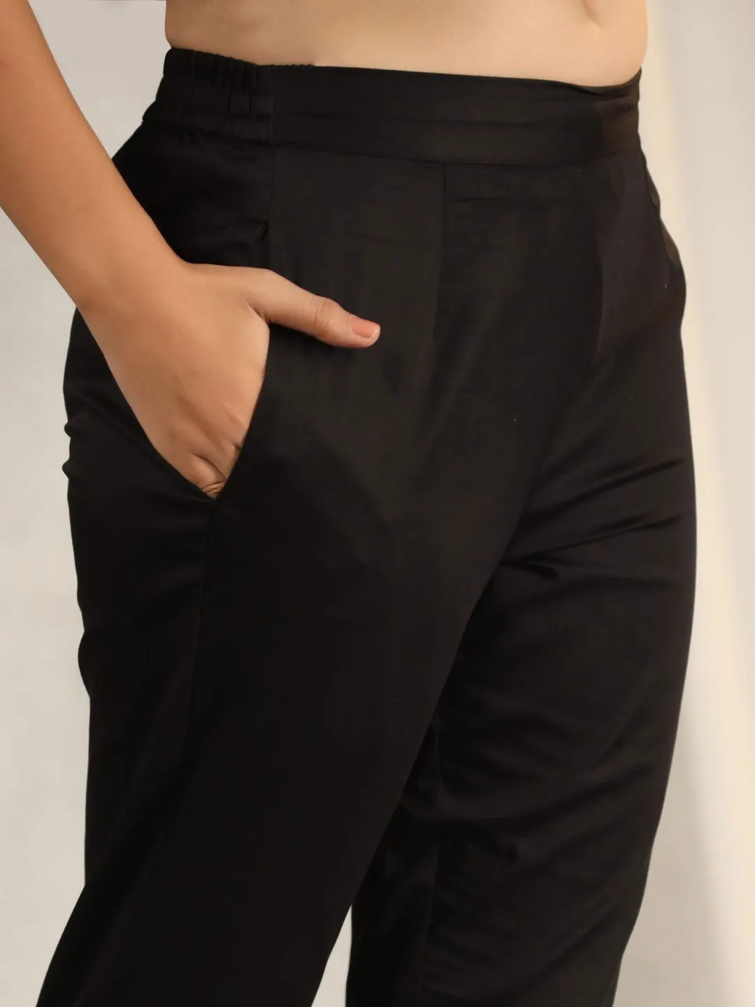 Jashvi Black Cotton Lycra Pants For Women With Partially Elasticated Waistband